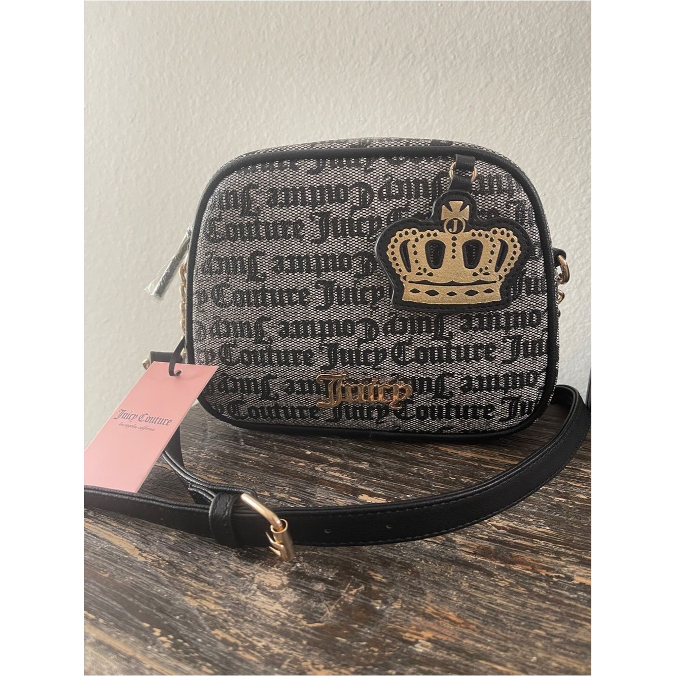Juicy Couture Black Logo Crossbody With Gold Crown Bag Charm